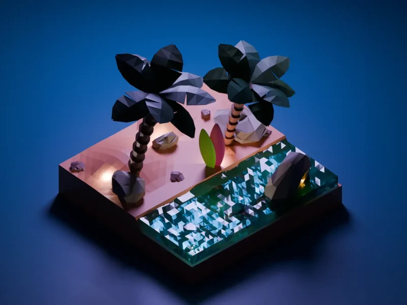 Isometrische 3D Low-Poly Illustration einer tropischen Insel-Szene im Dark Mode mit leuchtendem Wasser und Palmen.