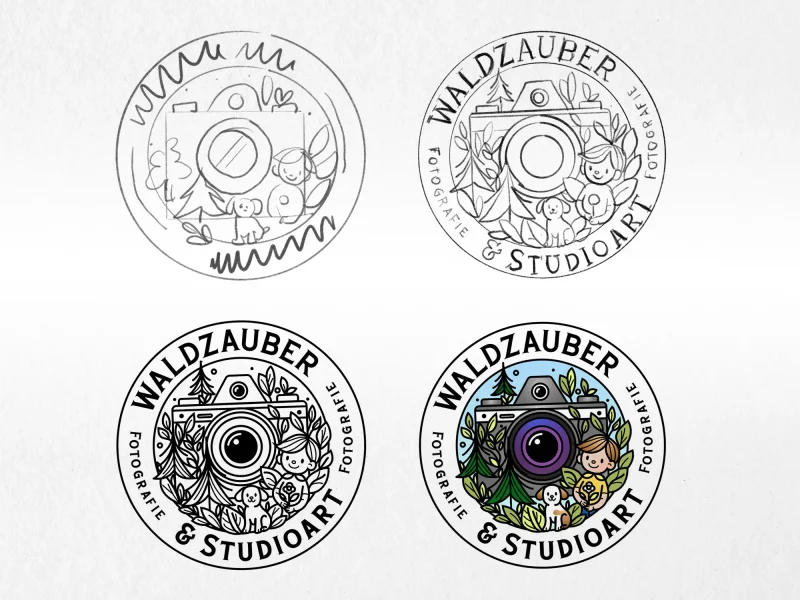 Entwicklungsschritte eines illustrativen Logos für Waldzauber & Studioart, von der Skizze bis zum fertigen Design.